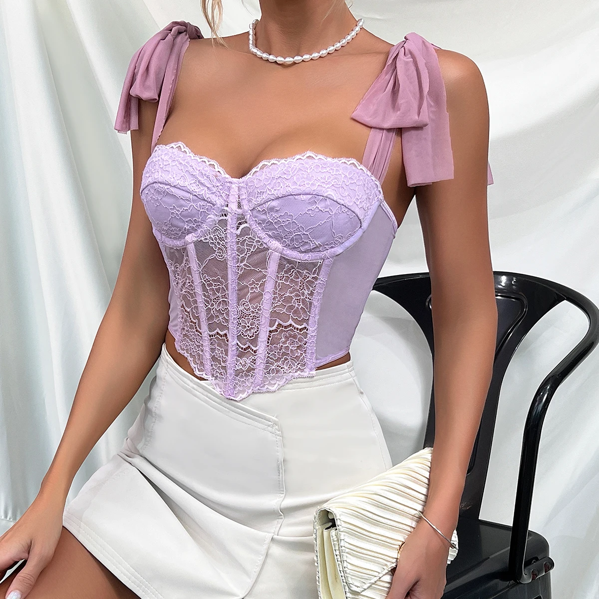 Vemina Lace Hollowing Mesh See Through Halter Crop Top Women,Sexy Bare Shoulder Strappy Tank Vest,Fishbone Corset Camisole