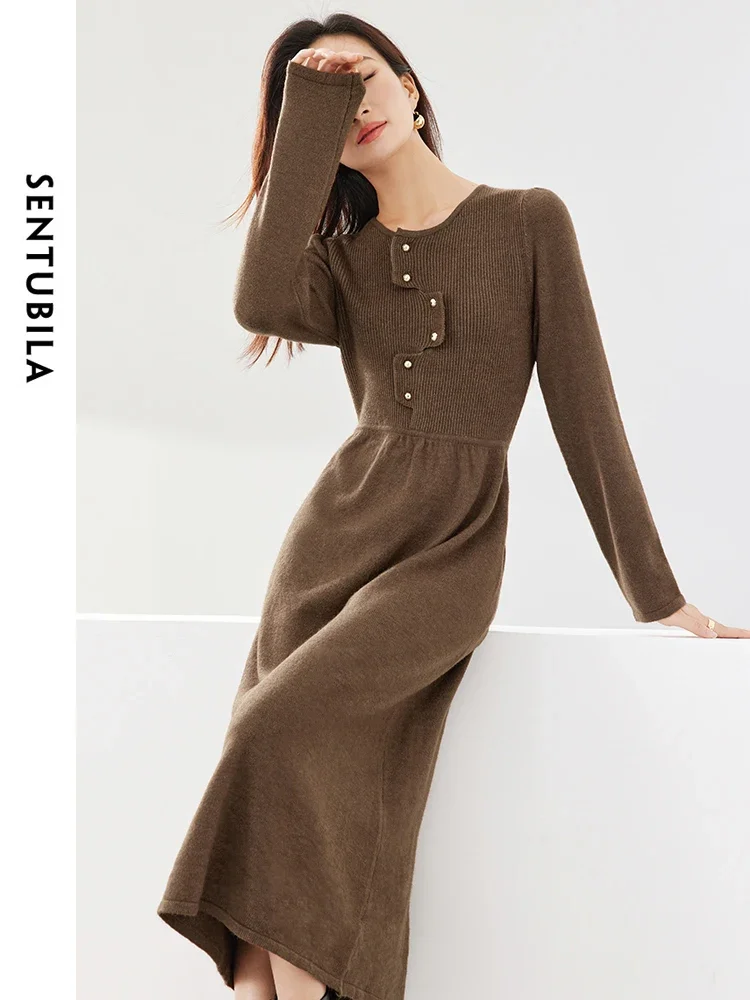 SENTUBILA Women Coffee Midi Knitted Dress 2024 Woman Knitwear Long Sleeve Fitted Long Dreeses Female Autumn Clothing W44L58522X