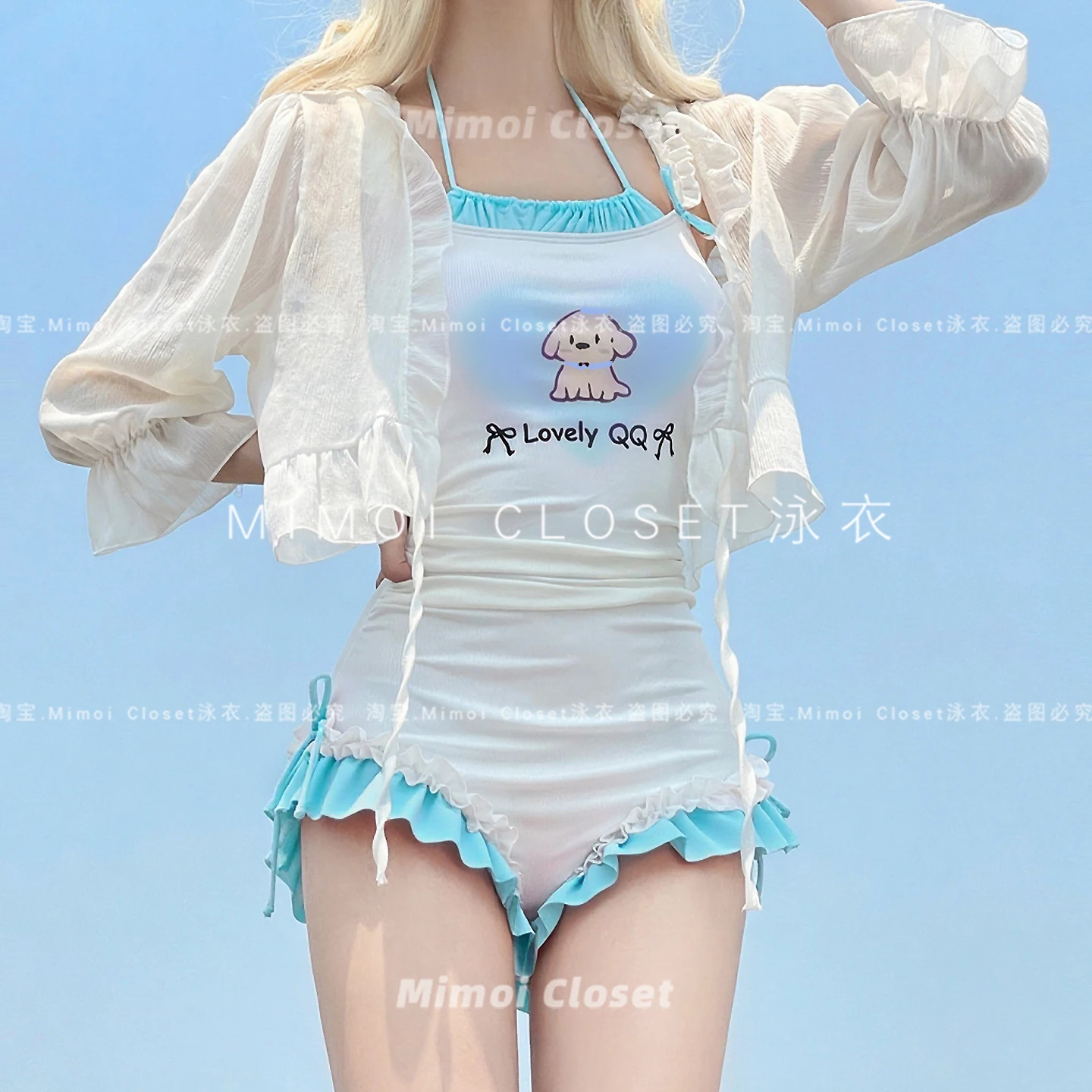 Summer New Blue and White Color Matching Sweet Girl Cute Japanese Suspender Swimsuit One-piece Swimsuit Women's Bathing Suit