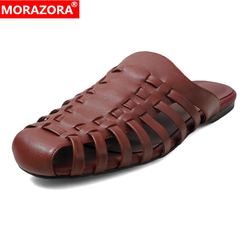 

MORAZORA Size 34-41 Genuine Leather Slippers Women Shoes Summer Mules Fashion Flat Slippers Ladies Party Dress Shoes