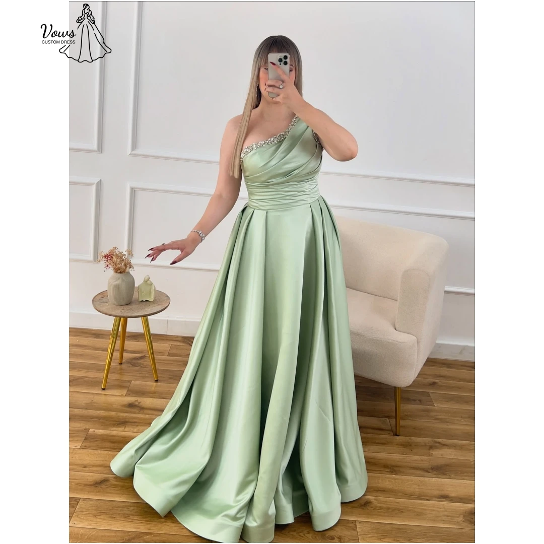 

Vows Evening Dress Asymmetrical Line A Special Occasion Dresses 2025 Woman Custom Made Robe Soiree Green Satin Rhinestones Women