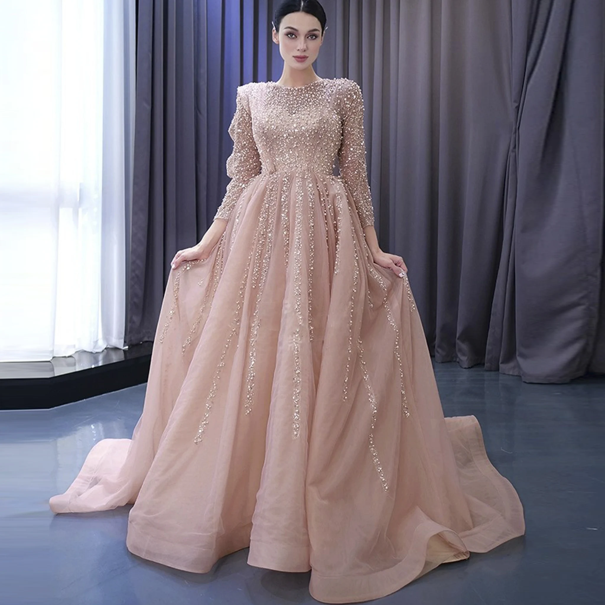 

Rosymae High-End Long Sleeve Ball Gown Evening Pageant Dress Pearl Beaded Elegant Pale Pink Formal Wedding Guest Dress
