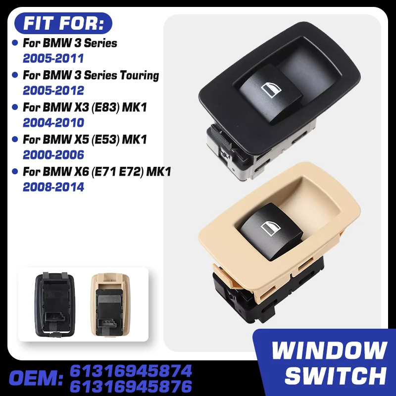 

Passenger Side Power Window Switch For BMW 3 Series E90 E91 BMW X3 E83 BMW X5 E53 BMW X6 E71 E72 2000-2014 61316945874 3 Pins