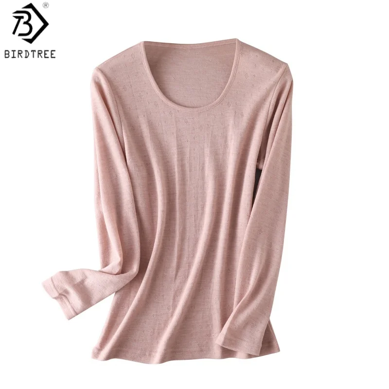 Birdtree 100% Sheep Wool Basics Undershirt, U-neck Long Sleeve Shirt, Women Knitted Jacquard Blouse, 2026 Winter New T6O408JF