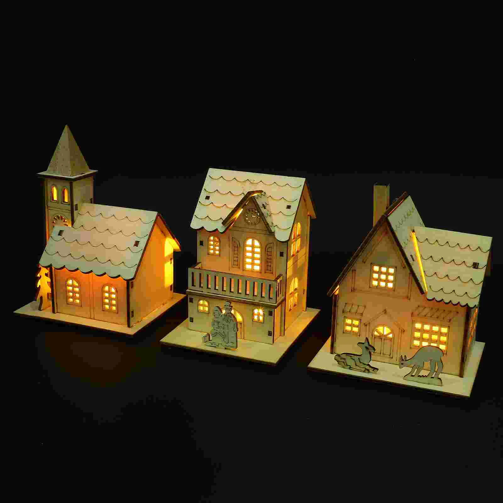 3 Pcs Wooden House Christmas Cabin Dining Room Table Decor Luminous Paper Mache Xmas Ornament