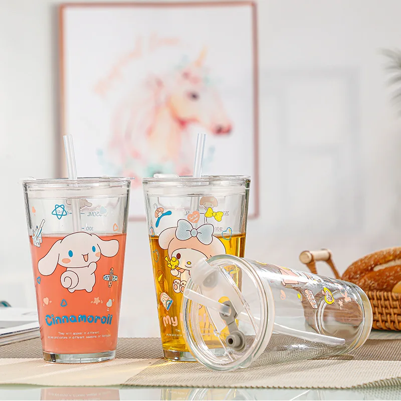 

Sanrio Hello Kitty Glass Cup Simple Fashionable Double Drinking Cup Lid Scale Thickened Beverage Juice Milk Tea Water Cup