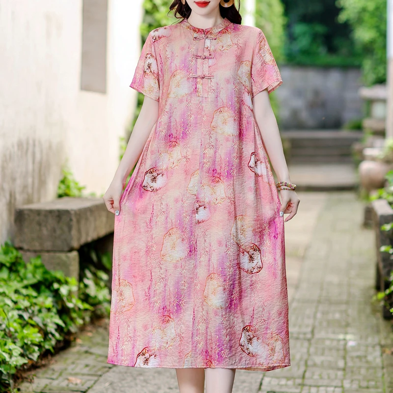 

Elegant Dresses for Women 2024 Loose Short Sleeve Vintage Floral Dress Female Clothing