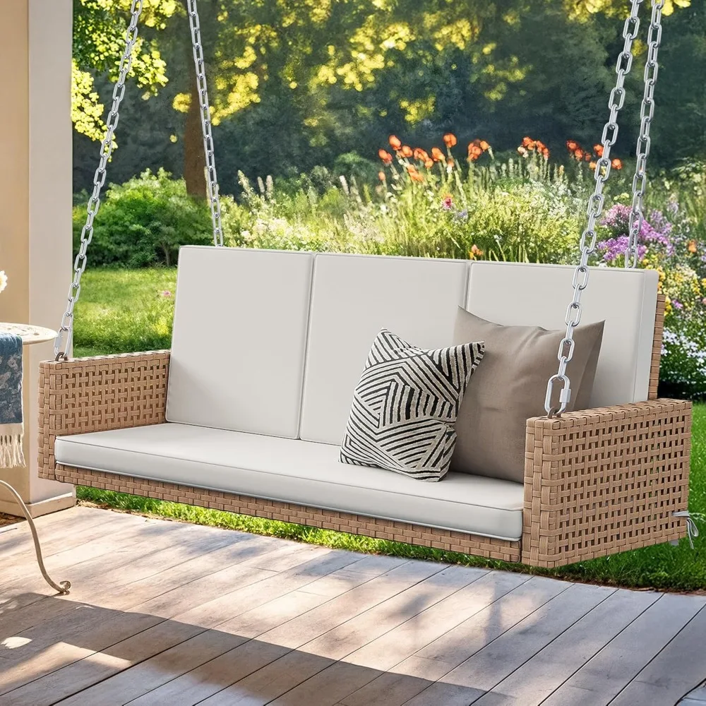 

Hanging Porch Swing Chair Sits 3 People, Wicker Outdoor Swing Bench, Patio Lounge Chair, 1 Seating Cushion and 3 Back Cushions