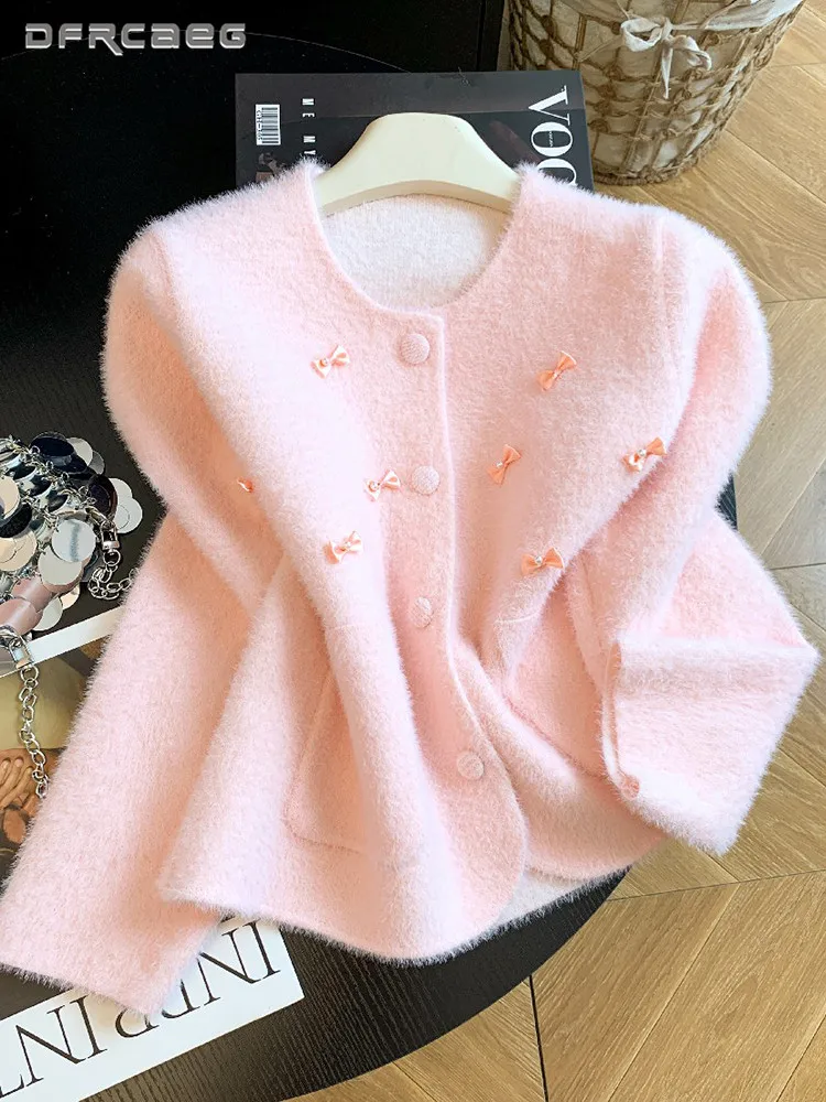 French Chic Style Single Breasted Knit Jacket For Women Autumn Winter Long Sleeve White Sweater Coat With Tie-Bow
