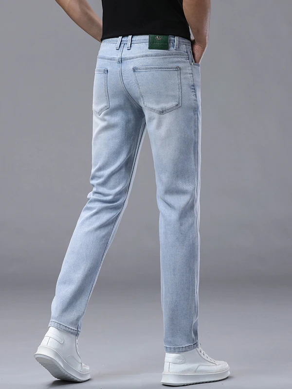 High-End Luxury Men's Rinsed Denim Jeans Summer Thin Casual Slim Fit Versatile Long Pants Cotton Stretch Fabric Youth Trend