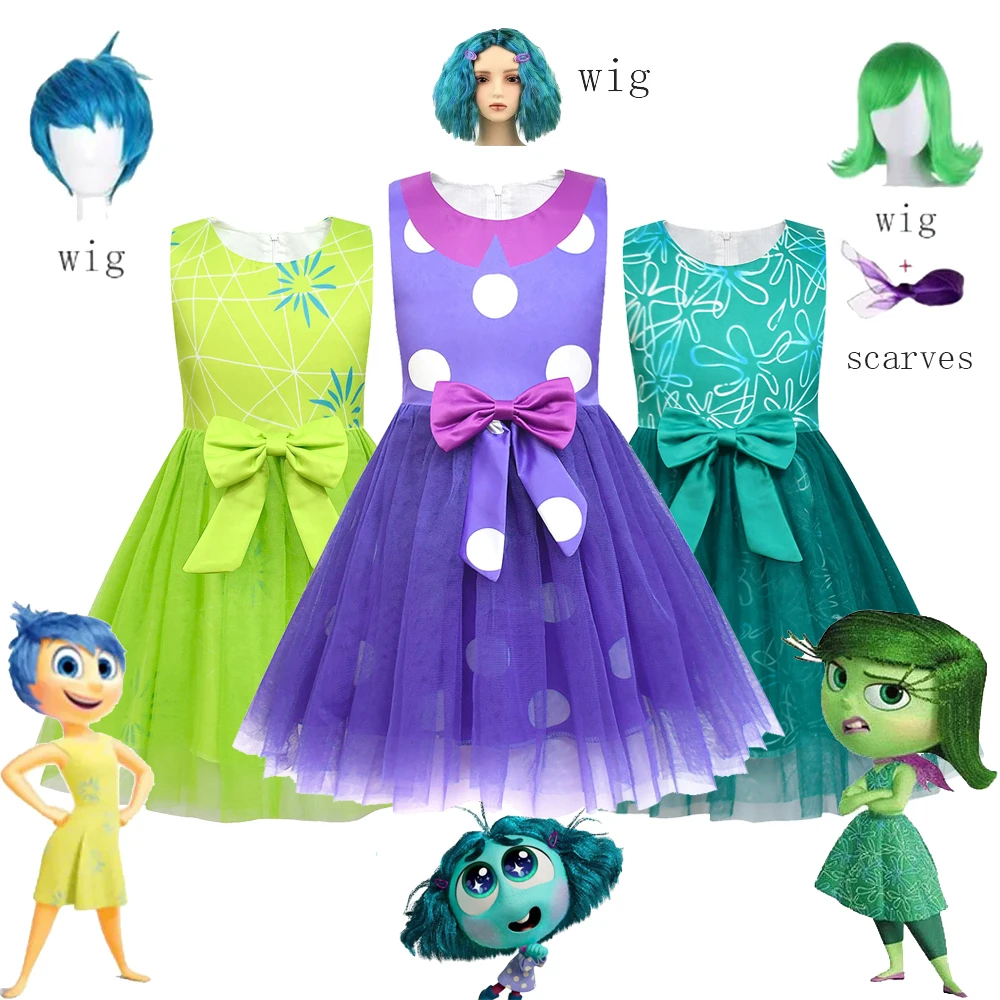 Halloween Cartoon Inside Out 2 Joy Inspired Cosplay for Grils Dress+bag Wig Sets Summer Carnival Kids Girls Birthday Gifts Suits