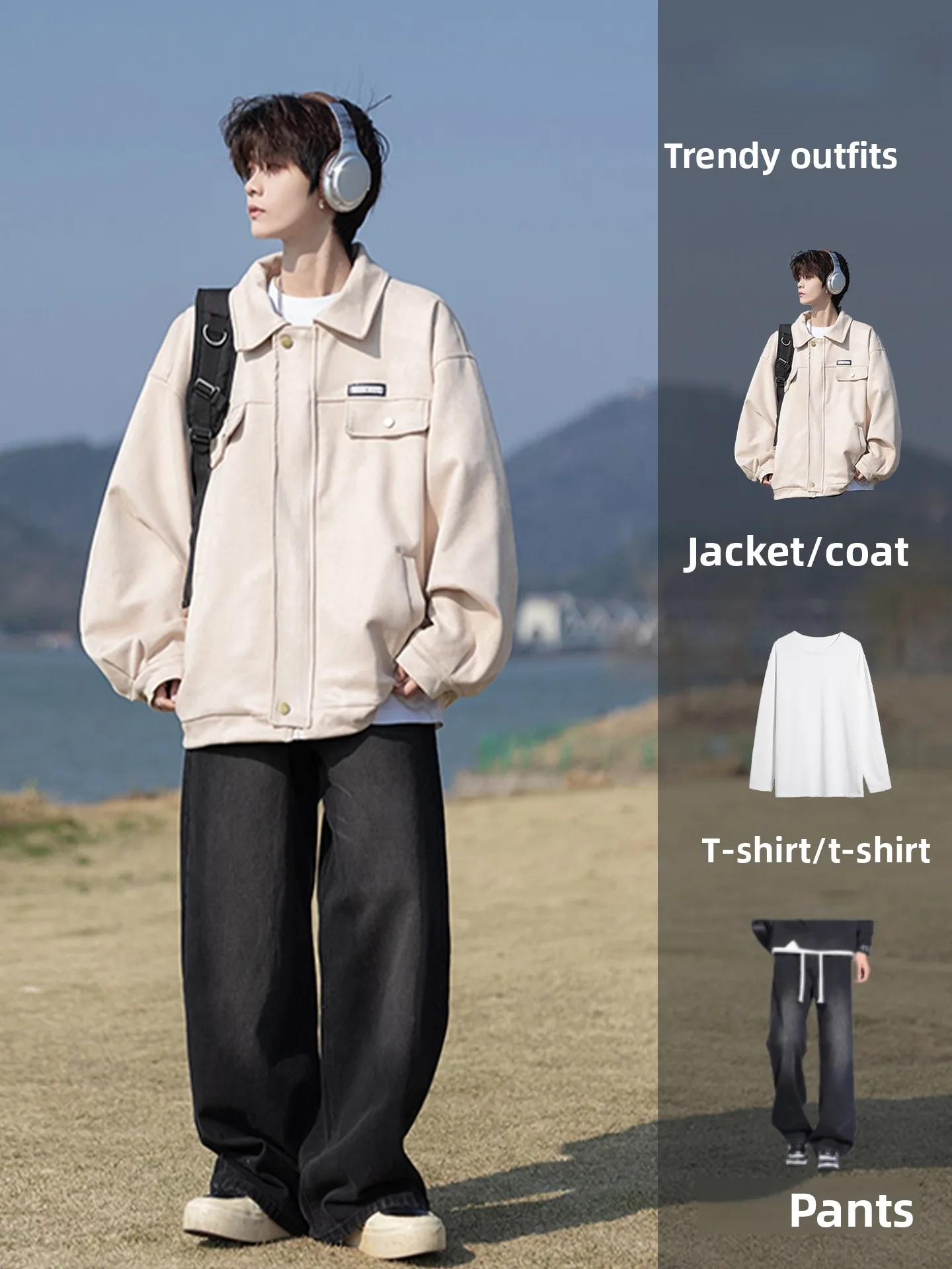 

Мужская замшевая рабочая одежда с воротником-стойкой, повседневная джинсовая одежда осеннего сезона, верхняя одежда с джинсами, полный комплект, молодежный тренд