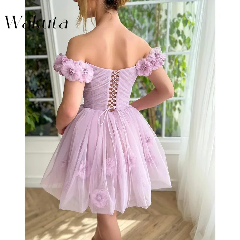 Wakuta 3D ดอกไม้ Tulle Homecoming ชุดสั้นปิดไหล่ชุดนางฟ้าค็อกเทลปาร์ตี้ Vestido Elegante Mujer ธุรกิจة