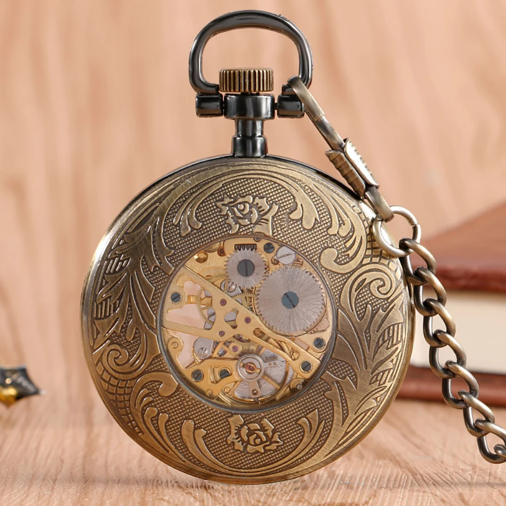 Bronze Vintage Open Face Mechanical Pocket Watch Men Roman Numerals Flower Tree Pattern Hollow Dial Hand-Winding Timepiece Gift