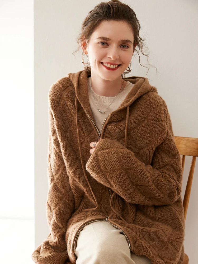 Aliselect Women Hoodie Cardigan Zipper 100% Cashmere Sweater Long Sleeve Casual Loose Cashmere Knitted Coat Korean Fashion Tops