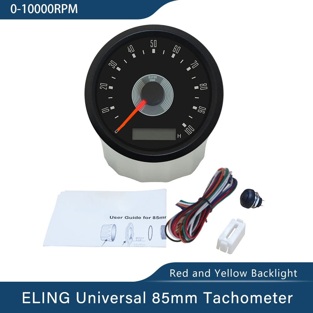 ELING 85mm Classical Tachometer with LED Hourmeter Adjustable 0-8000RPM 0-10000RPM 12V 24V for Car Motorcycle RV