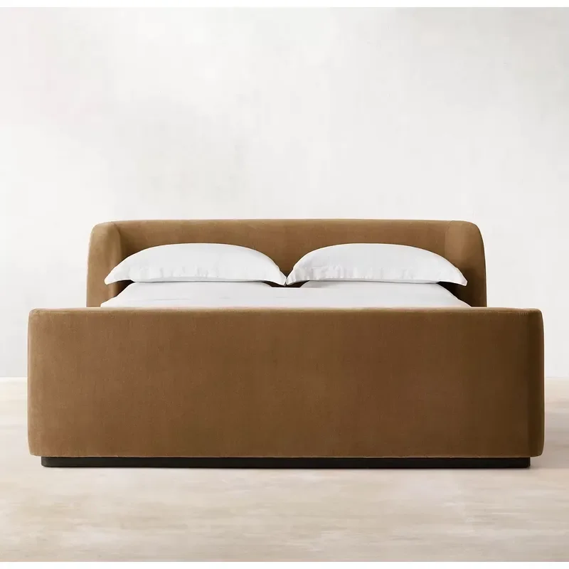 Italian Simple Caramel Velvet Bed Luxury Wrap Around Soft Double Bed Home Master Bedroom Floor to Ceiling Fabric Bed