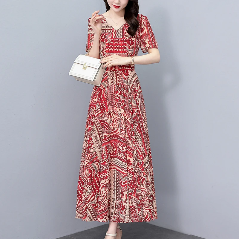 2025 Vintage Stampa Rosso Boho Midi Vestito Estivo Elegante Donna Aderente Party Night Abito Lungo di Lusso Coreano Casual Abito Floreale in Chiffon