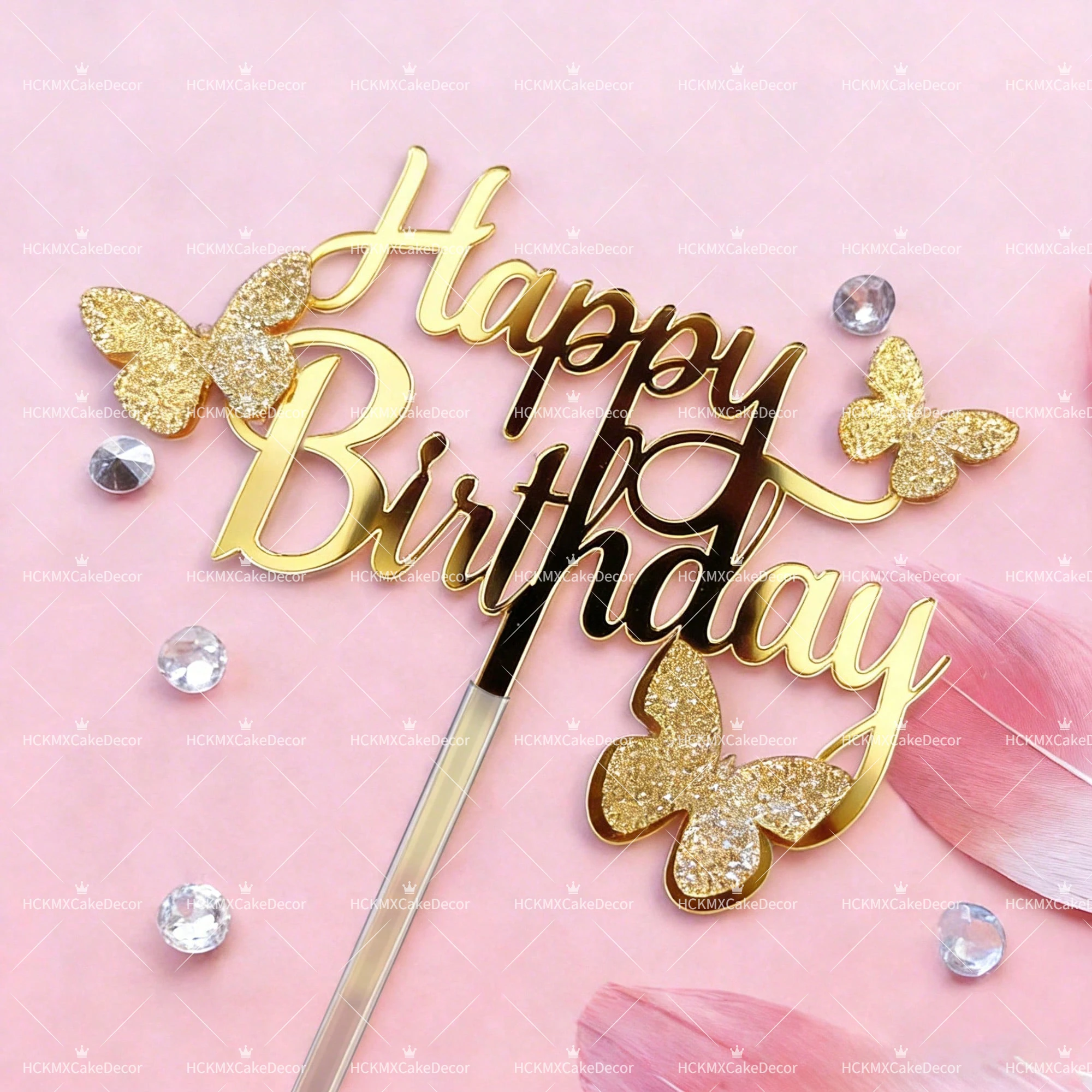 3-teilige Goldene Happy Birthday Tortendekoration mit Glitzer-Schmetterling Acryl-Kuchendekoration für Mädchen Geburtstagsfeier-Zubehör