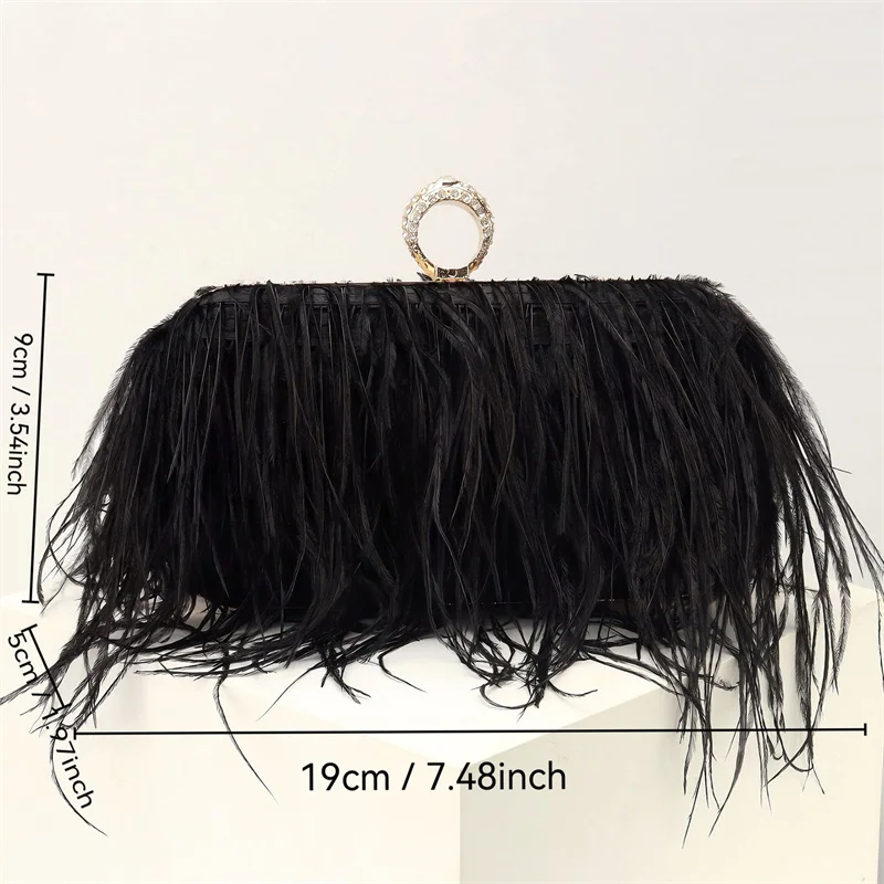 WGSTART Trend New Ostrich Feather Handbag Party Evening Clutch Bag Women Wedding Purse Small Shoulder Chain Evening Bag