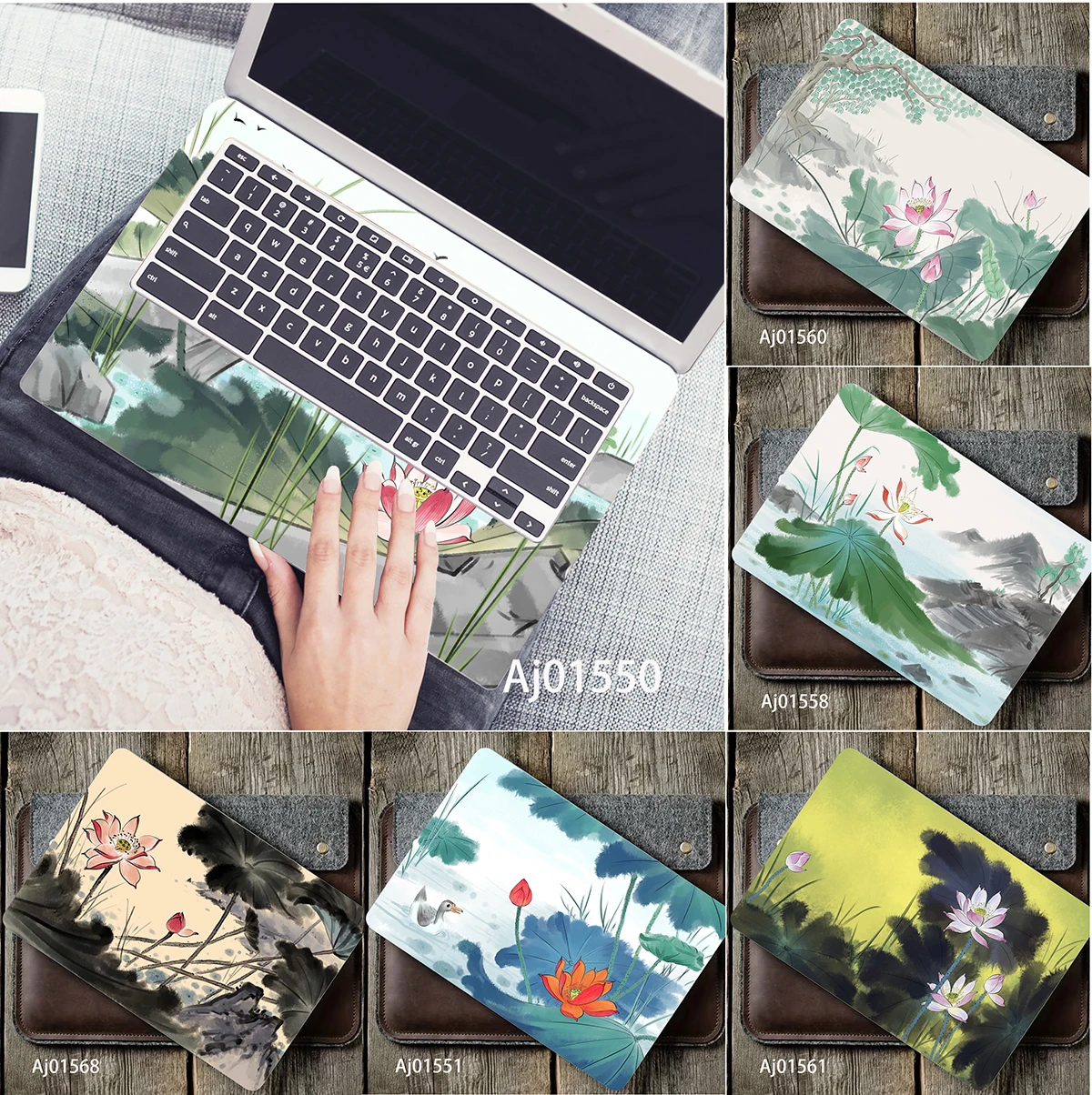 

Retro Dark Ink Wash Oriental Lotus Laptop Skin, Vintage Chinese Ink Art Waterproof Anti-scratch Laptop Decal