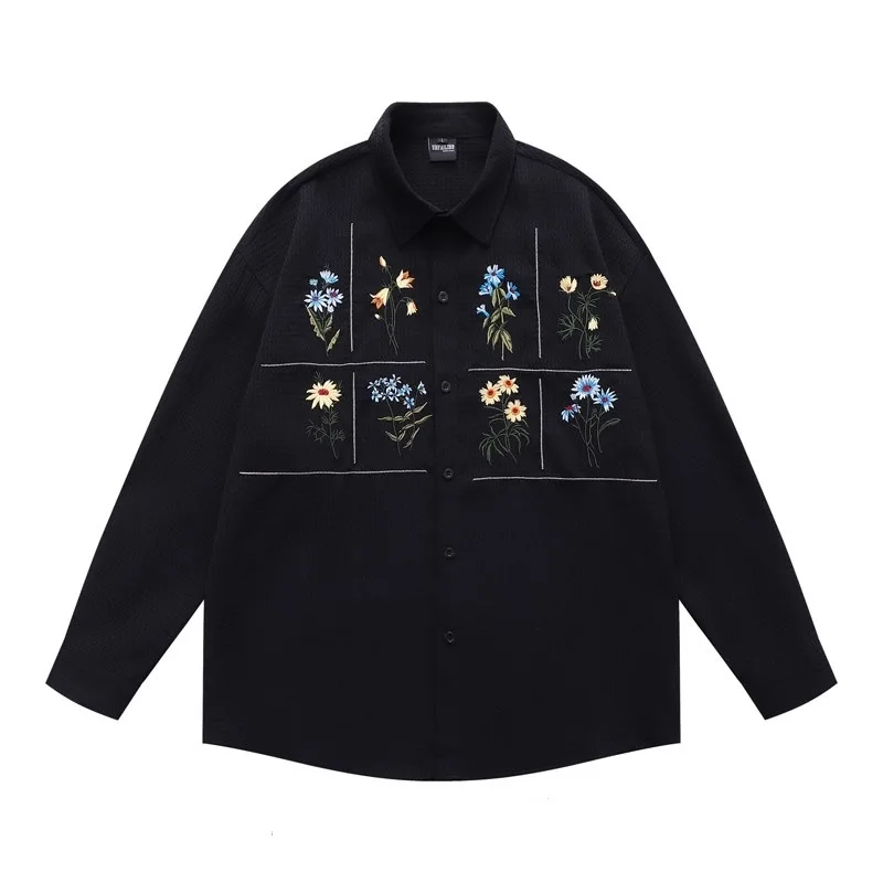

Весенне-осенняя японская ретро повседневная свободная дизайнерская универсальная вафельная рубашка с длинными рукавами и цветочной вышивкой для мужчин, топы