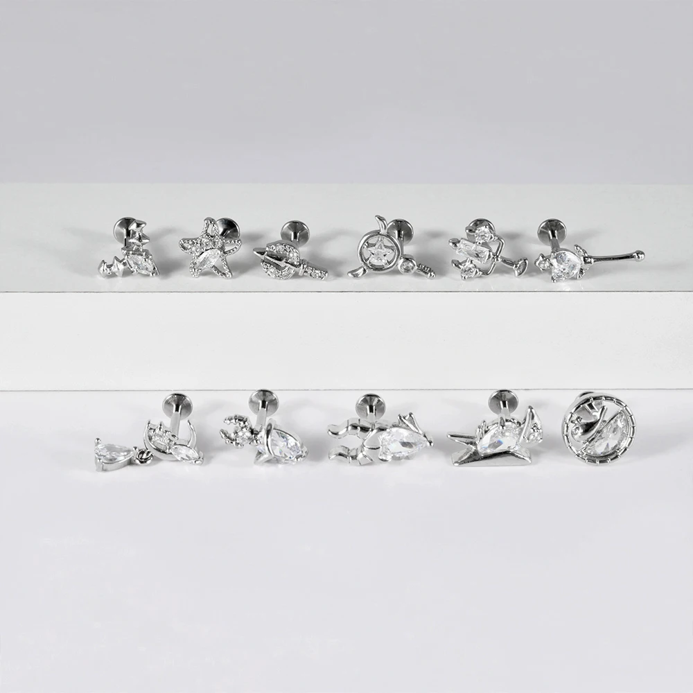 316L Stainless Steel 16G Internal Thread Labret Stud Zircon Trident Whale Moon Key Lip Cartilage Helix Earring Piercing Jewelry