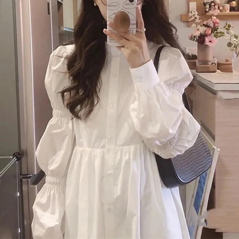 Gidyq Women Shirt Dress Vintage Loose Designed Puff Sleeve Midi Dresses Korean Casual Elegant Female High Waist A Line Dress New