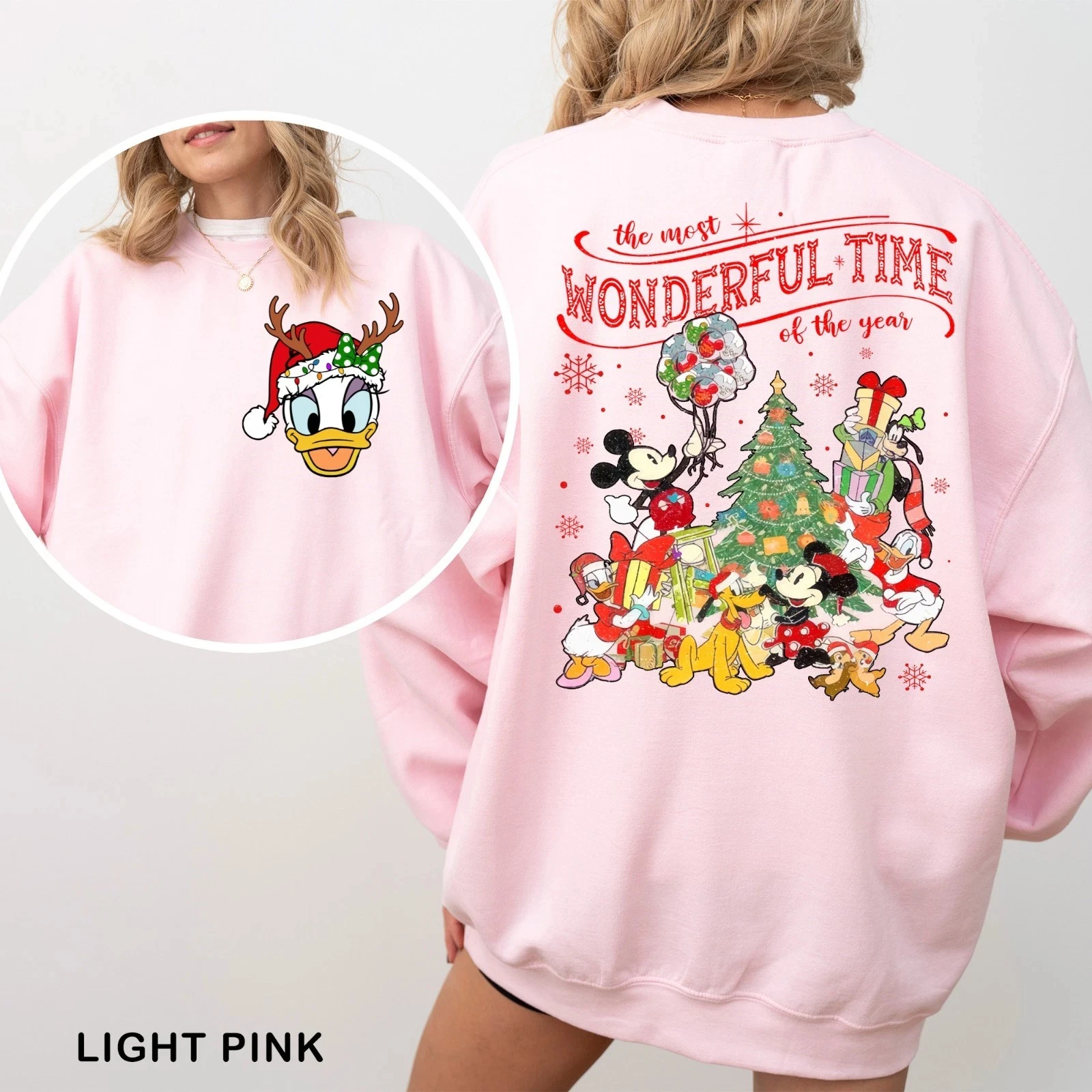 Sweat-shirt de noël avec personnages Disney, devant et dos, pull unisexe à col rond, Disney