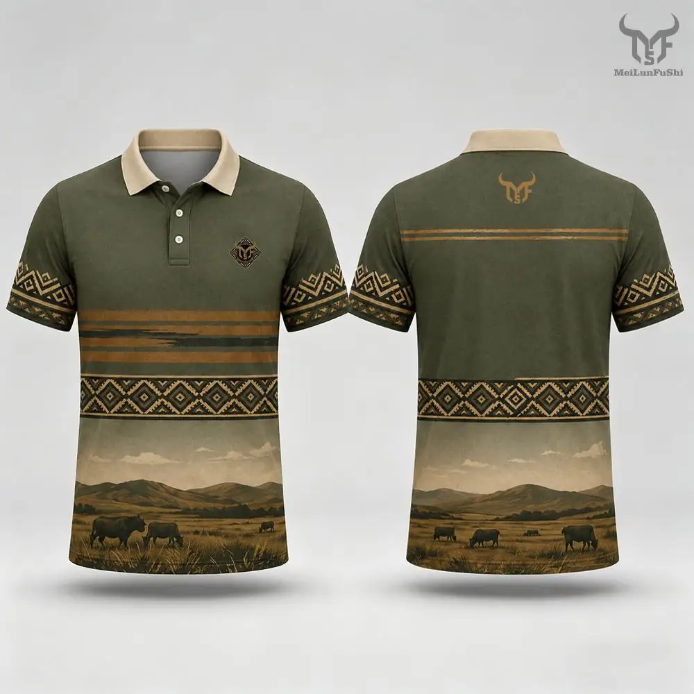 

New Vintage Uruguayan Gaucho-style Print Polo Shirt Summer Outdoor Casual Breathable Men's Tops Grassland Pattern Lapel Clothes