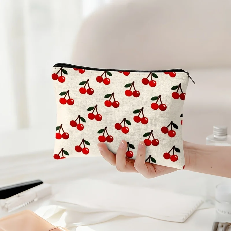 1pc Simple and Elegant Red Cherry Pattern Makeup Bag Lightweight and Portable Multi-functional Storage Daily Storage Pouch