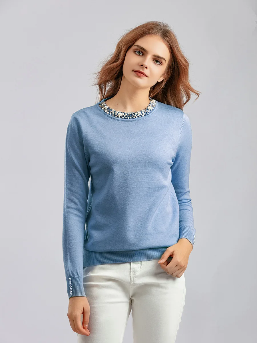 Chic Beaded O-neck Knitted Tshirts Women Spring Casual Slim Knitwear Jumper Tops Korean Long Sleeve Malhas Tee New Thin Sweater