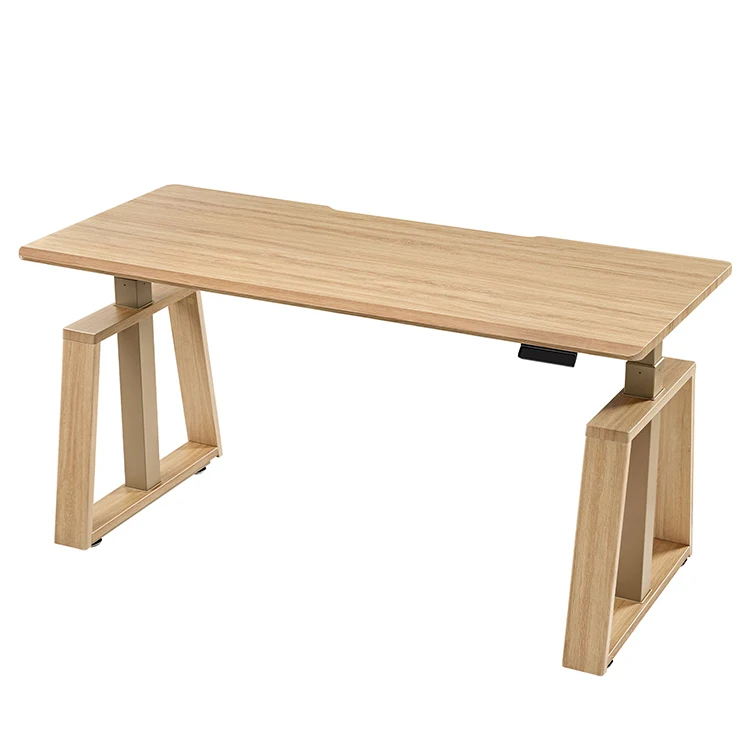 2026 New Dual Motor Wooden Height Adjustable Desk Trending Products Arrivals Beveled Edge Design Trapezoidal Base Standing Desk