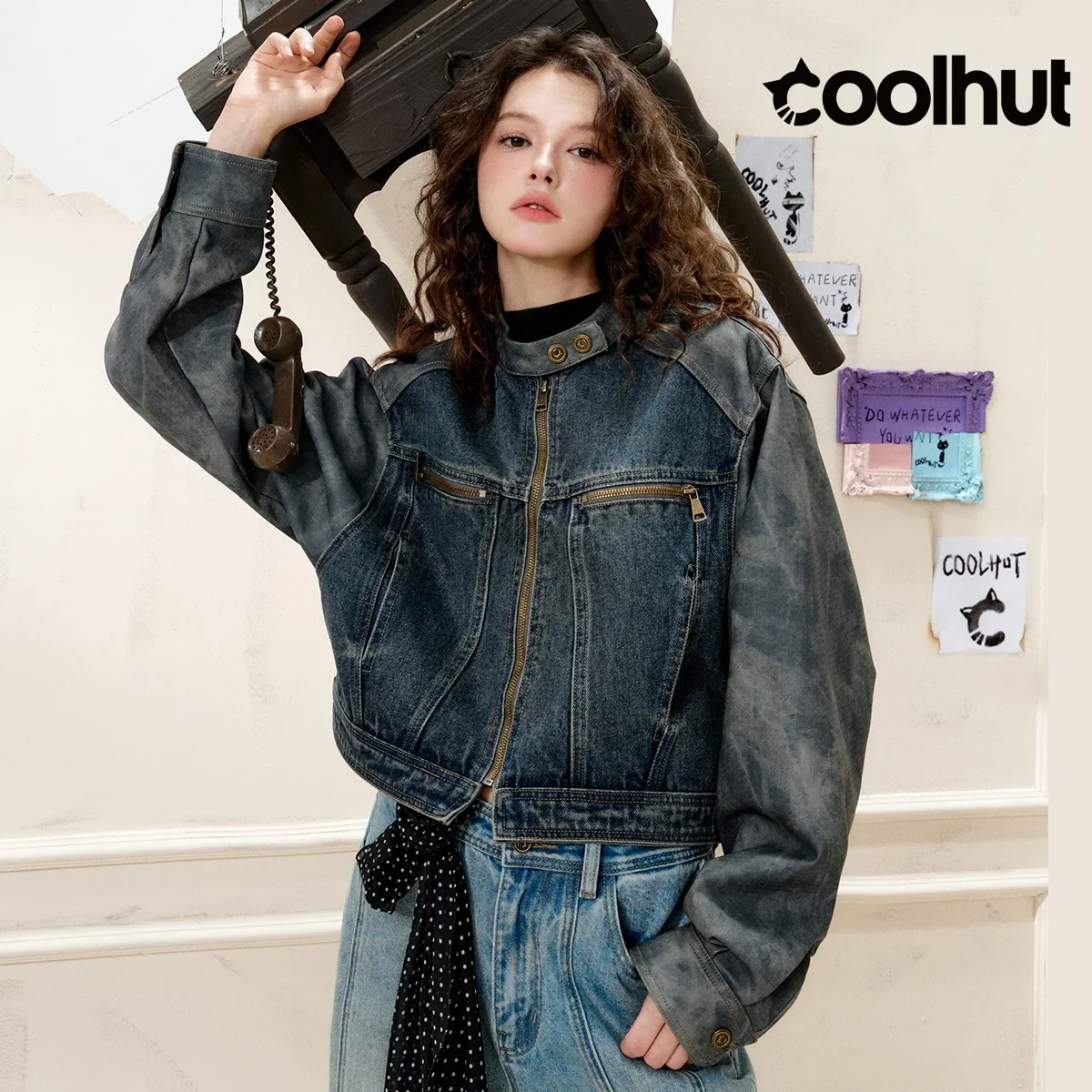 

COOLHUT New Arrival Women's 2025 American Style Denim Jacket Stand Collar Color Block PU Trim Slim Fit Casual Fall Outerwear