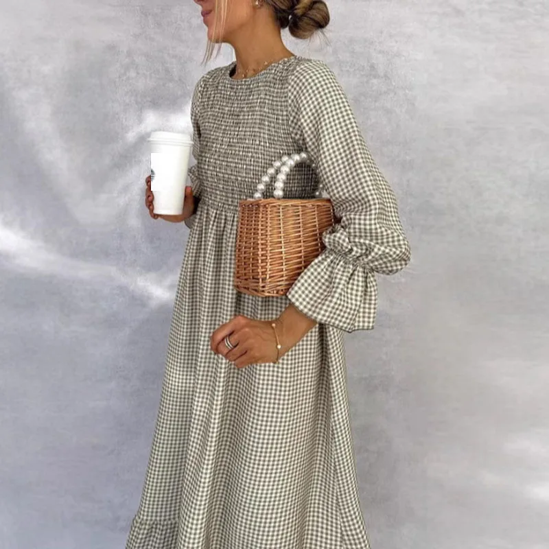 Fall Puff Sleeve A-Line Boho Dress Retro Plaid Print O-neck Button Pleated Long Dress Spring High Waist Loose Womens Party Dress