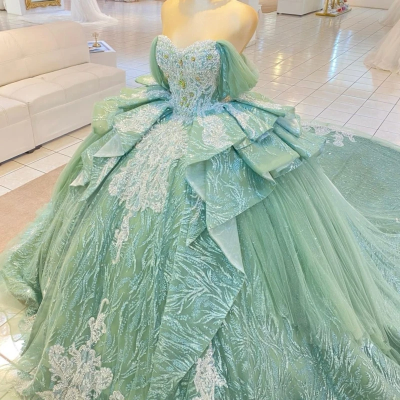 

Green Shiny Princess Off the Shoulder Sweet 16 Dress Quinceanera Dresses Applique Beading Tull Party Birthday Vestidos 15 De