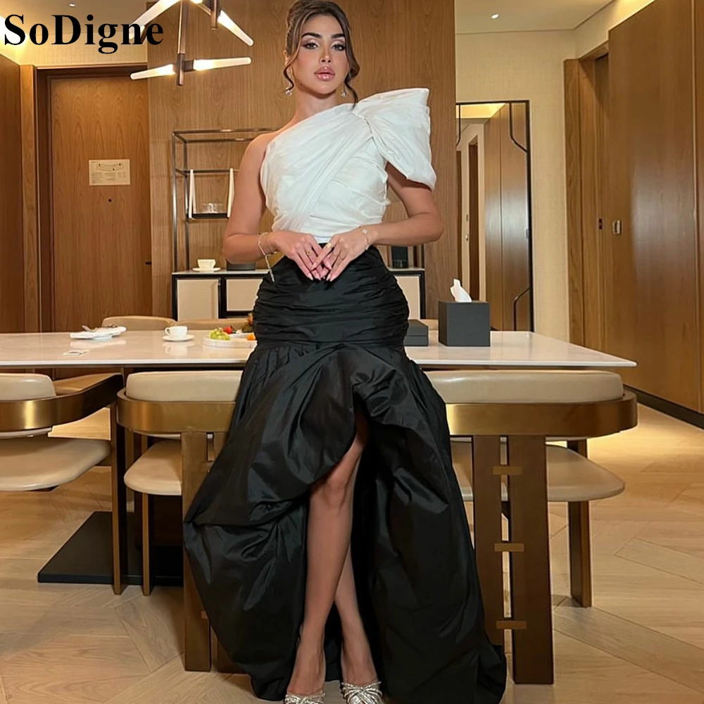 

SoDigne Black and White Satin Evening Dress One Shoulder Ruched Draped Mermaid Party Dress 2024 Special Occasion Sexy Prom Gowns