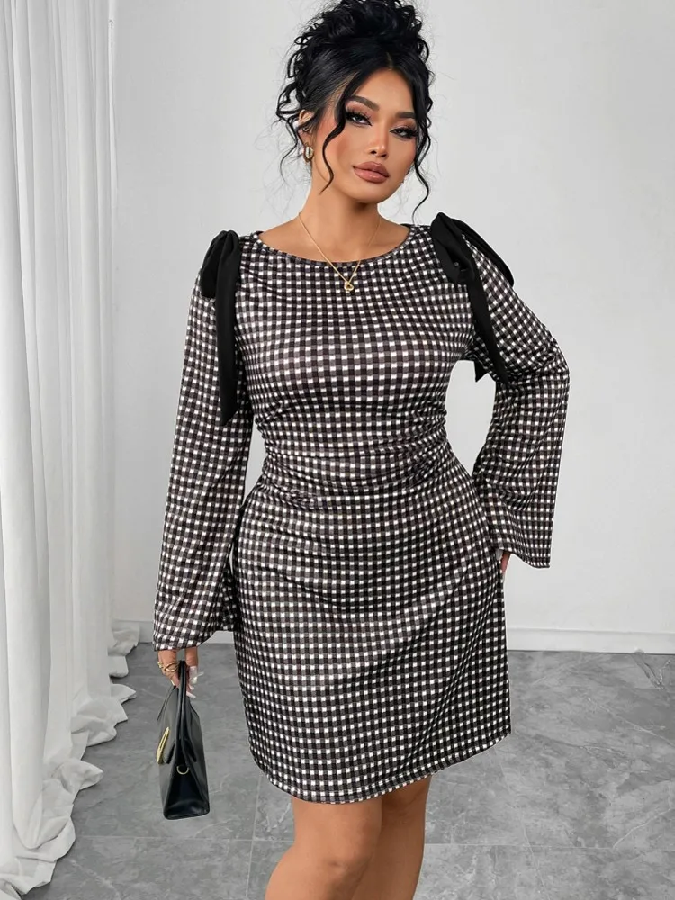 Sukienka XL-4XL Plus Size na wiosnę i jesień, nowa, w kratę, z nadrukiem, z dekoltem typu O, długie rękawy, modna, do pracy, dopasowana, elegancka.