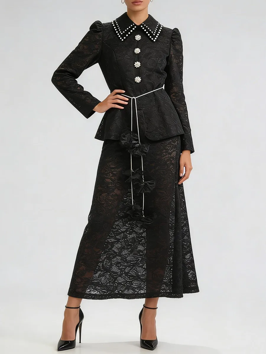 TWOTWINSTYLE Black Printing Spliced Lace Two Piece Sets for Women Lapel Long Sleeves Spliced Bead Top Long Skirt Sets Female New view 2