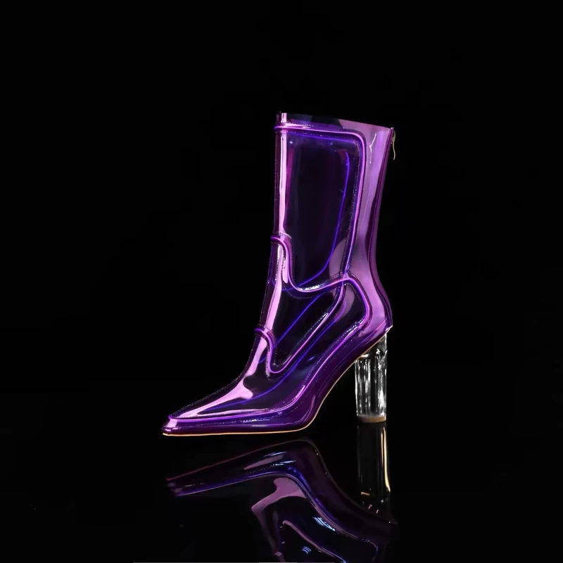New LED Light-Up Transparent Luminou Fashion YK2 Ankle Boots Women Chunky Block Heel Pointed Toe Halloween Party Stage Boot