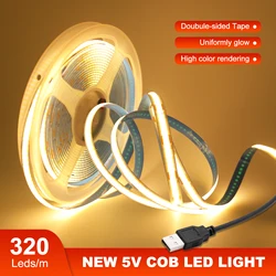 USB DC5V COB Led Strip Warm/Natural/White High Brightness 320LEDs/m High Density Linear Lighting Flexible Tape 1m 2m 3m 4m 5m