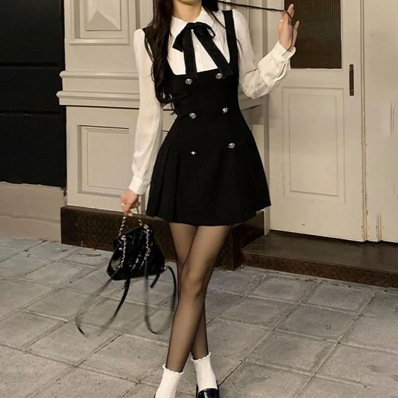 Fake Two-piece Dress Women Preppy Style Bow Buttons Long Sleeve A-line Mini Dress