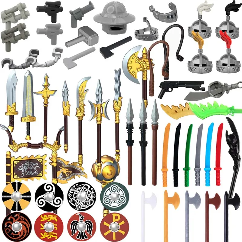 أسلحة القرون الوسطى MOC أرقام اللبنات الجنود اكسسوارات السيوف الرمح أعلام درع المطرقة كاوبوي البنادق الطوب اللعب الهدايا