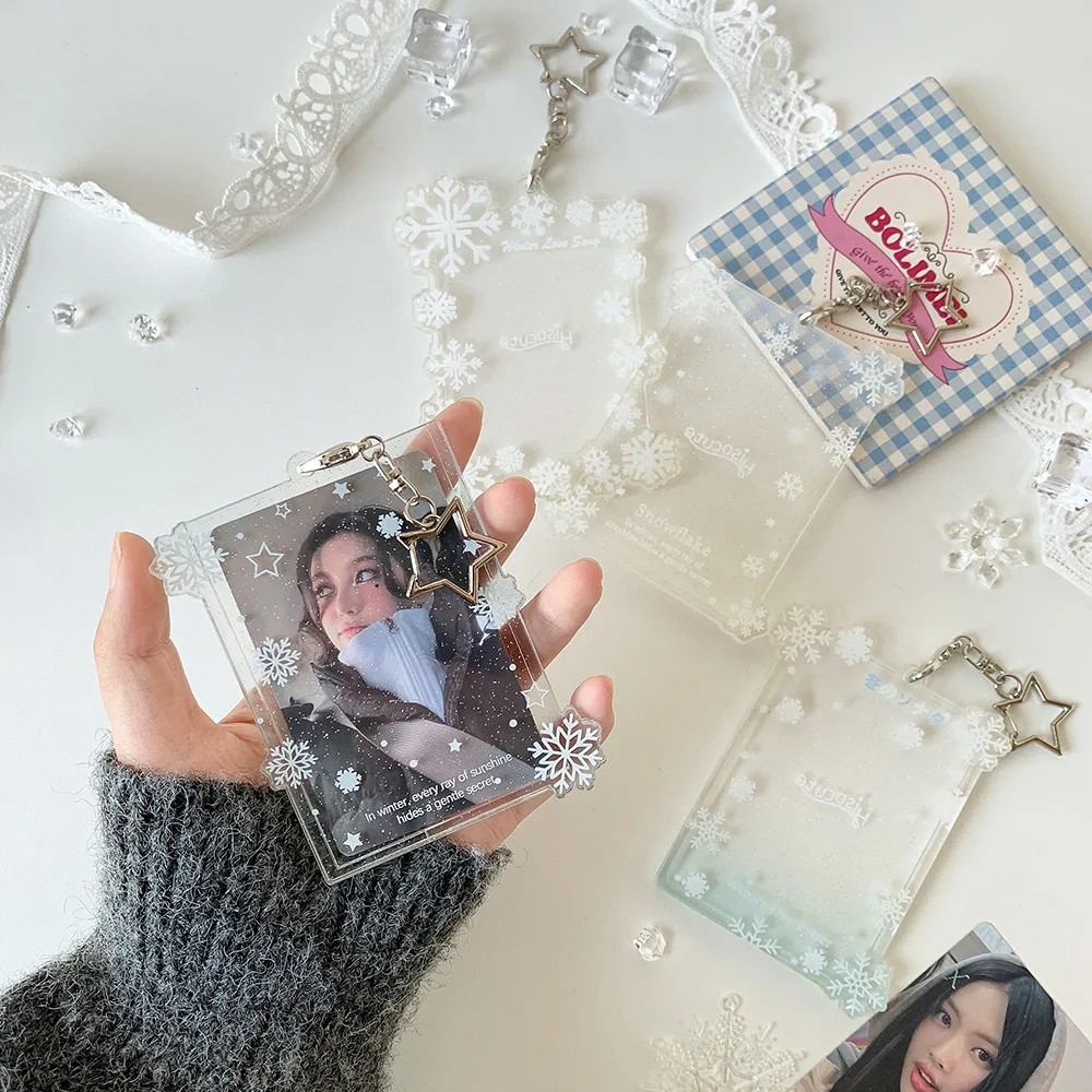 Clear Snowflake Acrylic 3-Inch Photocard Holder, Instant Photo Display Case, Cute Bag Charm for Students and Idol Fans