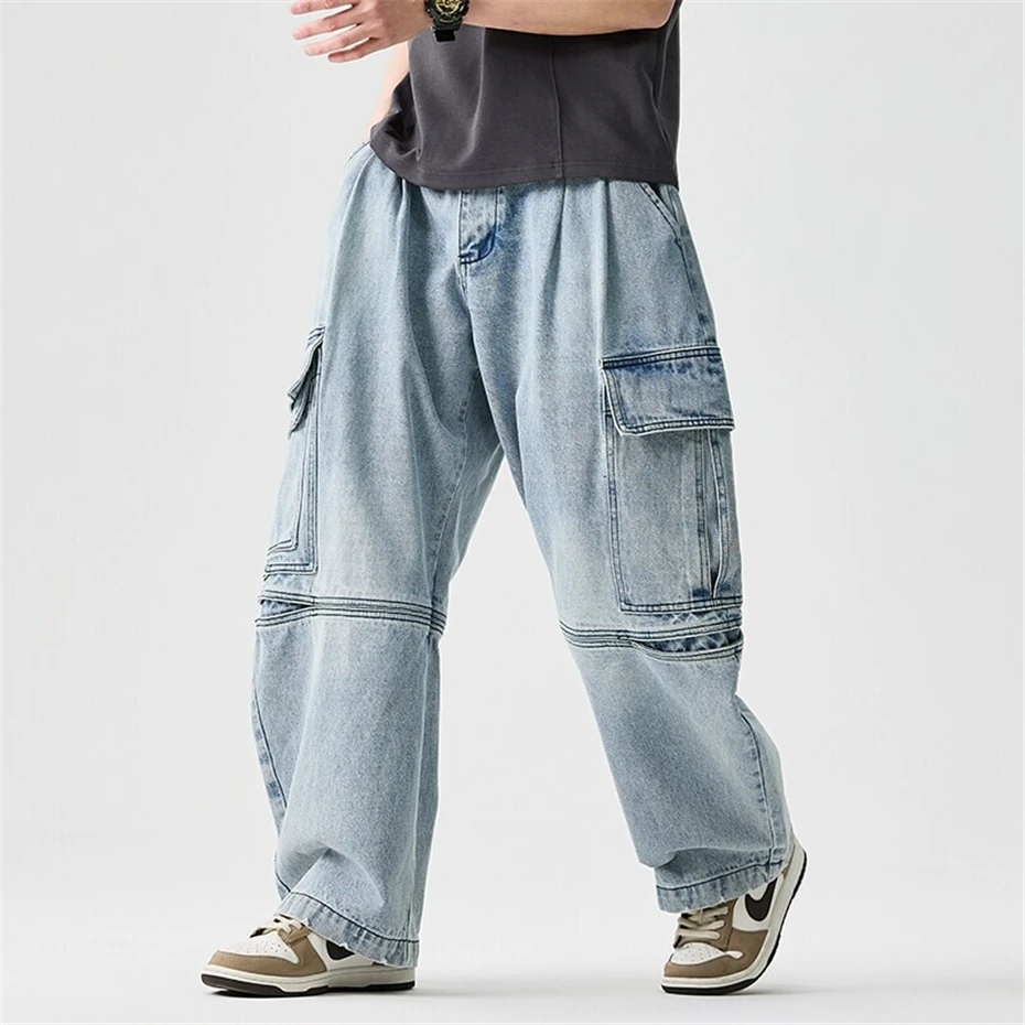 

Large Size Mens Cargo Jeans Streetwear Hip Hop Patchwork Denim Pants Men Harajuku Japan Style Big Pockets Baggy Wide-leg Pants