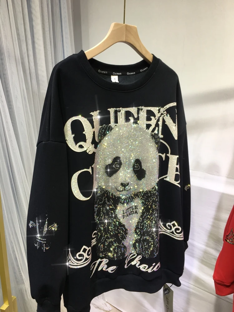 

Thicken Fleece Female Sweatshirt Luxury Panda Hot Drilling Loose Pullovers O-neck Oversize Top Mid-long Women Cotton Hoodies