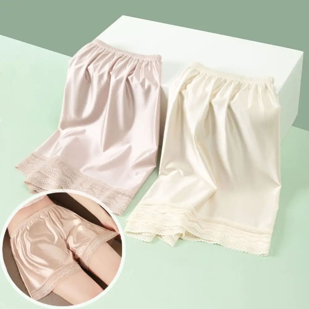 กางเกงซับในแฟชั่นผ้าไหมน้ำแข็งลายลูกไม้ เอวกลาง ทรงหลวม ไร้รอยต่อ ป้องกันการมองทะลุ สไตล์ JK Lolita กางเกงขาสั้นสำหรับฤดูร้อน