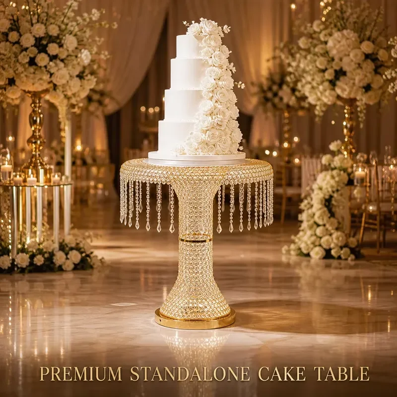 Hot Sale Golden Cake Table Centerpiece Hanging Crystal Wedding Table for Wedding Decoration