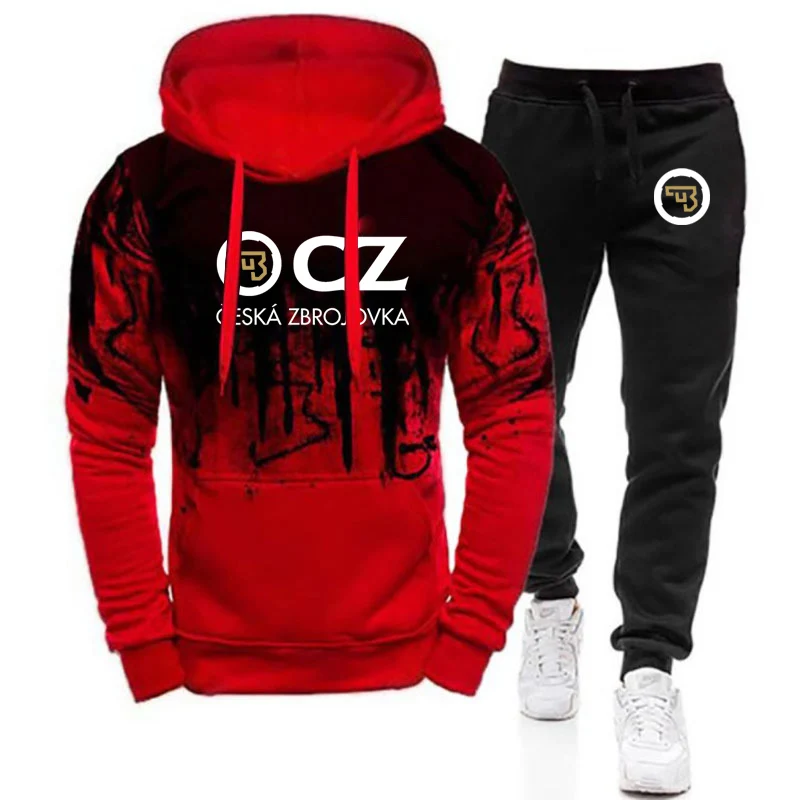 2025 Spring And Autumn Man's CZ Ceska Zbrojovka Firearms Logo Print Gradient Color Drawstring Designer Hoodies Pants Suits