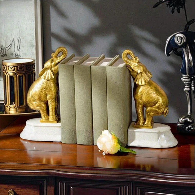 European luxury business ornament pure copper elephant with marble base bookshelf desk book end ornament accessories statue